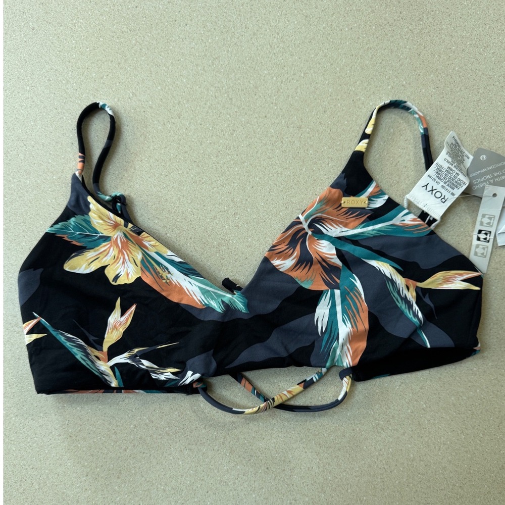 Roxy W Bralette-Tropicoc Bikini Top Black Floral Tropical ARJX303452 Size S NEW